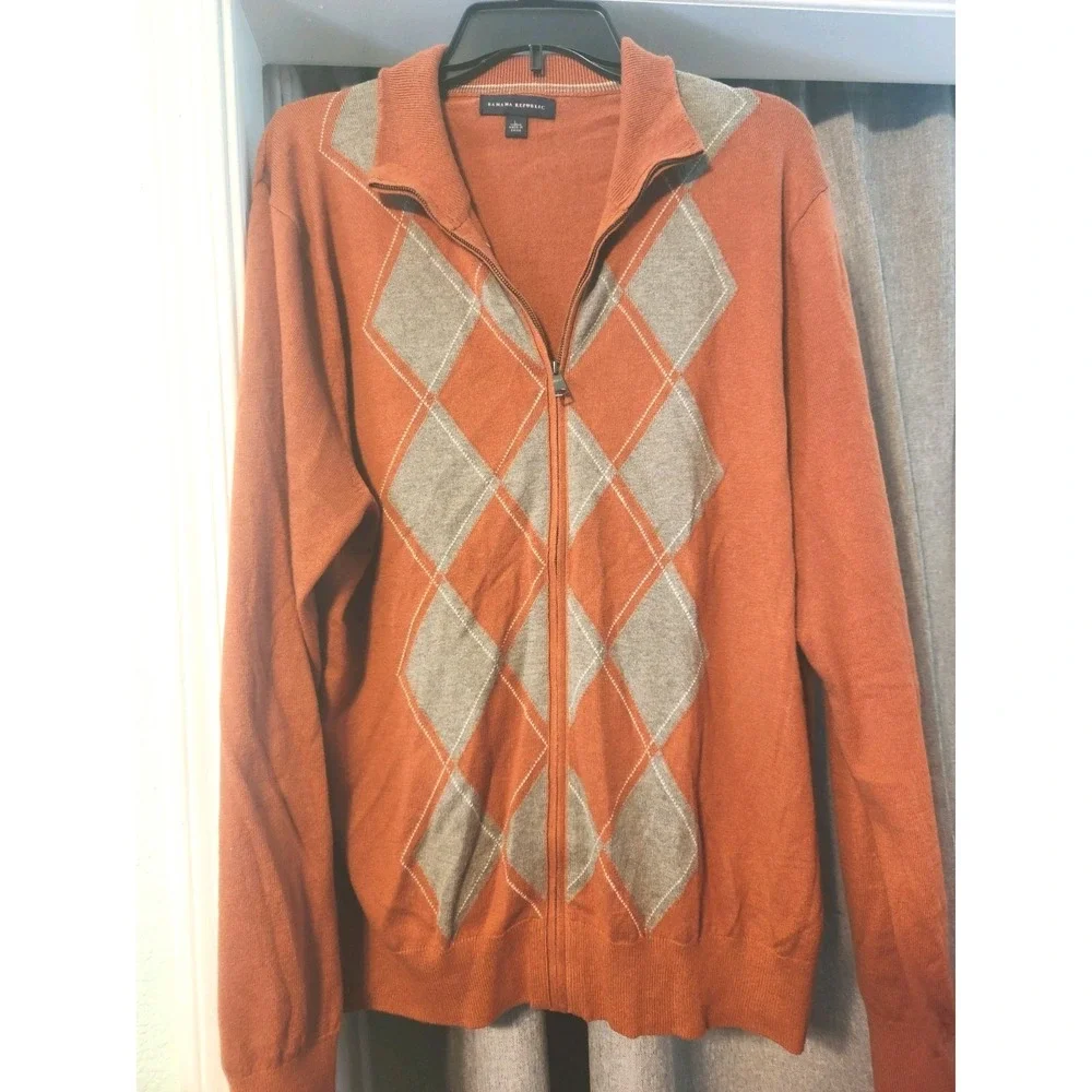 Banana Republic Men Burnt Orange Gray Argyle Zip Up Sweater Sz L Luxury‎ Blend